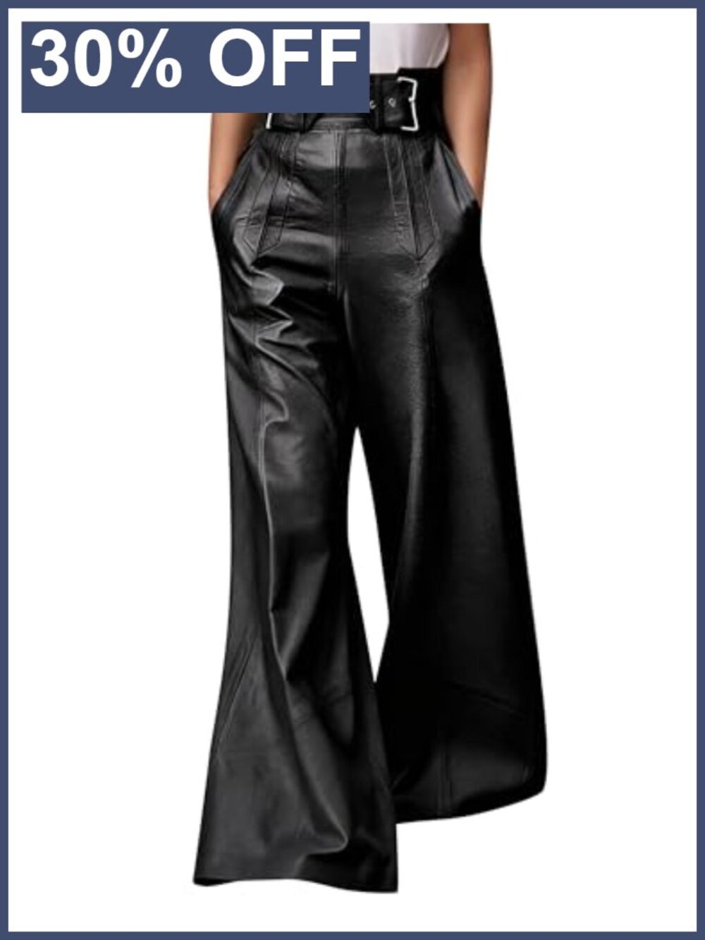 Faux Leather High Waist Wide Leg Pleated Pants with Pockets
